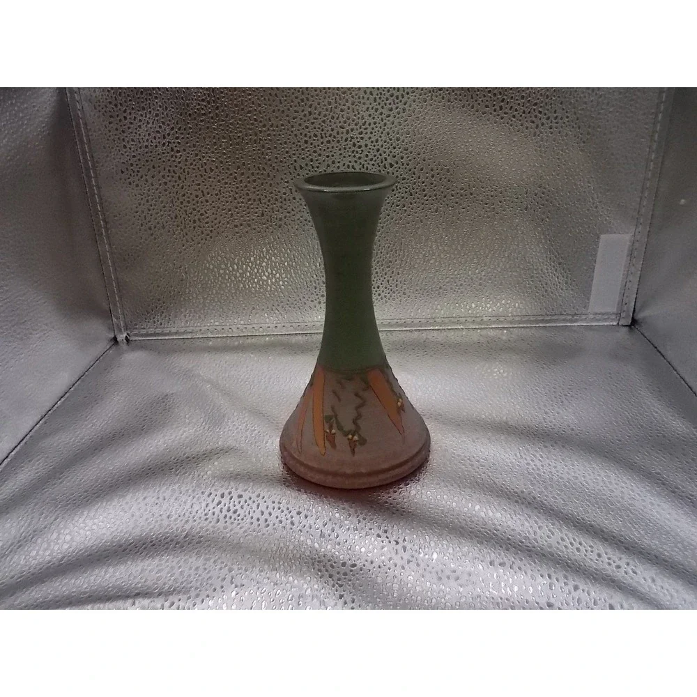 Artisan Studio Pottery Bud Vase Green Tan Matte Glaze Hand Painted Botanical